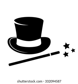 Magic hat and wand icon isolated on white background.