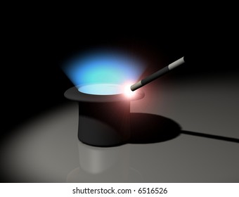 Magic Hat And Magic Wand On Spot Light - 3d Render