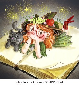 Magic illustration with smart  Little Witch and Black Cat who reading the big magic recipe book and laying on it. It is good for post card design, childrens clothing decoration or orher baby stuff.