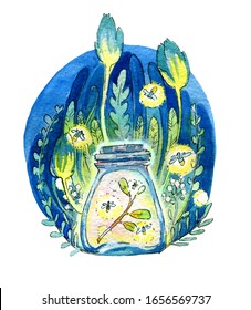 The magic jar. Luminous jar with fireflies, lights, night and magic against the background of the forest. Watercolor illustration, handmade.