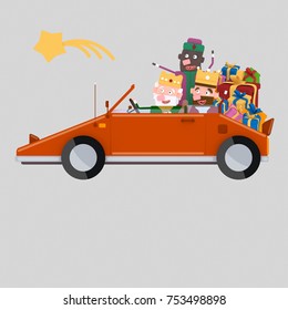 Magic Kings  driving a red car with many gift. 3d illustration