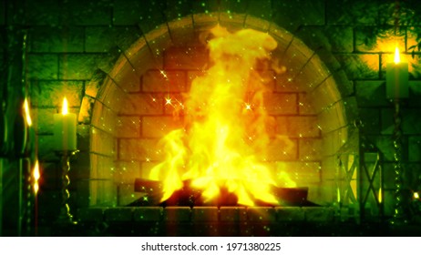 Magic Masonry Fireplace Flames Shining - Digital Object 3D Rendering