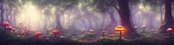 Magic Mushrooms Fly Agaric In The Forest, A Fabulous Thicket Of The Forest. Glowing Mushrooms Fantasy Moss. 3d Illustration