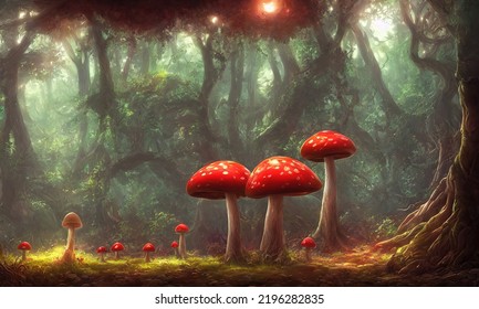 Magic mushrooms fly agaric in the forest  fabulous thicket the forest  Glowing mushrooms fantasy moss  3d illustration