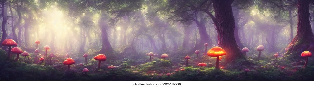 Magic mushrooms fly agaric in the forest  fabulous thicket the forest  Glowing mushrooms fantasy moss  3d illustration