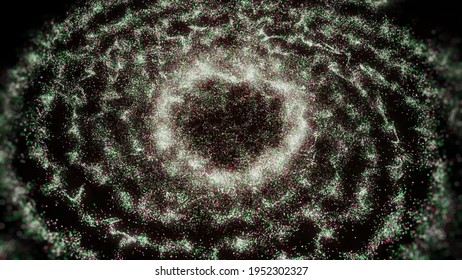 Magic particles spinning and becoming a cloud of energy with a ring in the center. Animation. Glowing tiny space dust flying on black background.