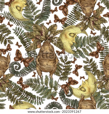 Magic plants seamless pattern, witch herbs mandrake root wallpaper, wicca occult texture on white background.
