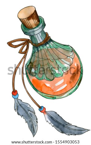 Magic potion. pot with lapped lid and dots on leather laces. Handmade watercolor illustration on a white background