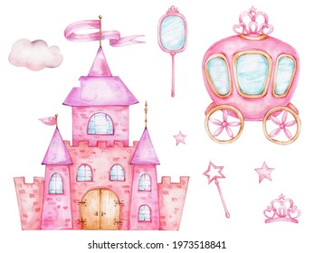 Magic set with pink castle, carriage, mirror, magic wand, crown, cloud and stars; watercolor hand drawn illustration; with white isolated background