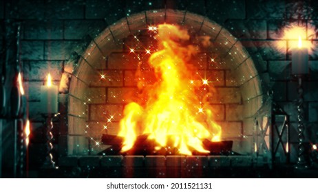 Magic Stone Hearth Flames Glowing . Object 3D Rendering