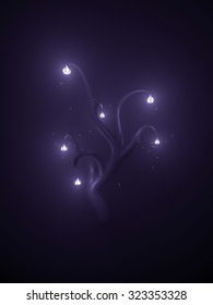 Magic tree glow in fog with flashlights