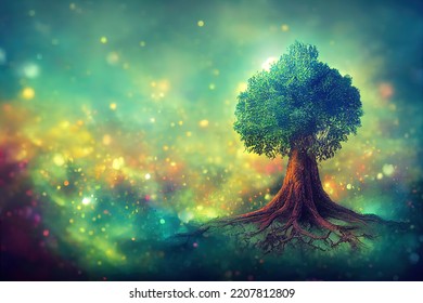 Magic Tree With Roots In The Forest. Digital 3d Illustration