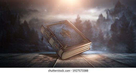 Magic vintage fantasy book on a dark background, landscape, smoke, fog, neon moonlight in the dark. 3D illustration. 