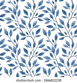 Magic Watercolor Leaves Seamless Patterm. Navy Blue Hand Drawn Foliage On A White Background. Abstract Ornament For Fabric, Wrapping Paper And Wallpaper Design. Packaging Texture, Wrapping Paper