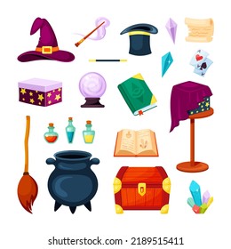 Magic Wizard Items Set. Potion Auldron Magic Wand Scroll Book With Spells Broom Flying Chest Cards Multicolored Energy Crystals Witchs Hat Bottles Prepared Liquid Ball Predictions. Cartoon .