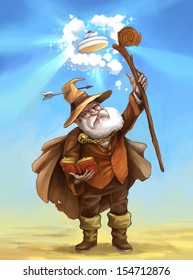 Magic Wizard with pointy hat, staff, spell book, cape, boots, full white beard, sorcery and black magic, summoning a magic cake - Fantasy character