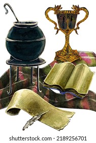 Magical Attributes. Potions, Scrolls, A Cauldron And A Golden Jade Goblet. Watercolor Drawing On A White Background.
