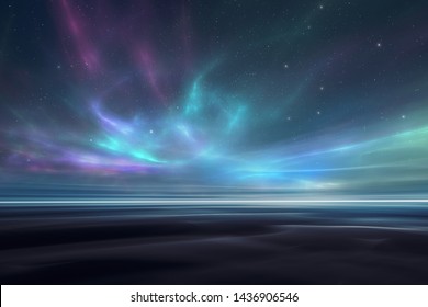 星のように輝く夜空の風景に浮かぶ魔法のオーロラ のイラスト素材 Shutterstock