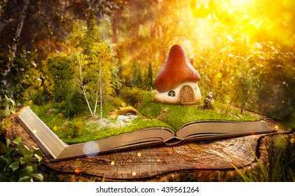 Magical cartoon mushroom house on pages of opened book in a fantastic forest. Unusual creative 3d illustration. Magic book concept illustration