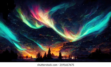 Magical Colorful Night Sky With Northern Nights (Aurora Borealis) As Wallpaper Illustration