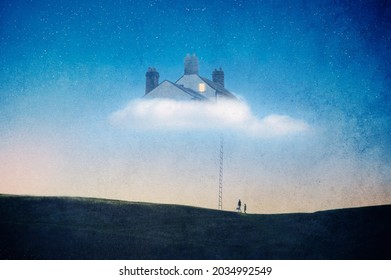 A Magical Concept. Of A Couple Below An Off Grid Houses Floating In A Cloud In The Sky On A Summers Evening. With A Grunge, Artistic Edit.