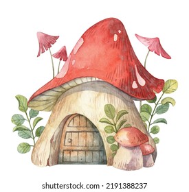 Magica casa de setas de cuento de hadas con una pequeña puerta de madera y con frondosos follajes verdes en el fondo. Dibujo de dibujos animados detallados a mano de acuarela para pegatinas y diseño de arte mural