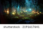 Magical dark fairy tale forest at night with glowing lights and fog und flying particles
