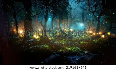 Magical dark fairy tale forest at night with glowing lights and fog und flying particles [[stock_photo]] © 