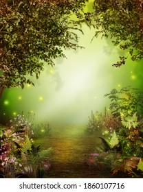 Magical enchanting forest opening with a path leading to a heavenly light, 3d render.