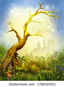 Magical enchanting forest opening with a prominent lonely barren tree surrounded by lush foilage and a fairytale castle in the background, 3d render.