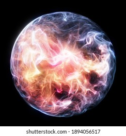 Magical Energy Orb Effect On Black Background. Smoke Swirling Inside The Sphere. Psychedelic Glowing Bright Fire Light. 3D Render