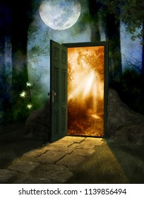 Magical Fairy Wood At Night And Full Moon With A Door Into A New World, 3d Render