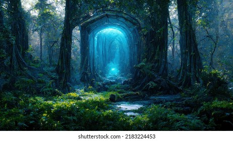 A magical, fantastic dense green forest. A blue portal is visible between the trees. Fabulous illustration. 3D artwork