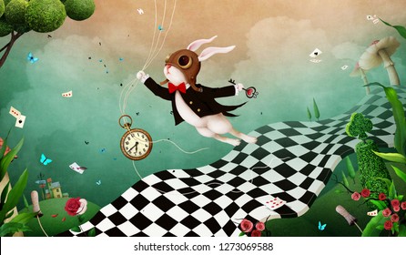 Magical Fantasy Background Wonderland With  Rabbit And  Chess Road. 