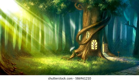 magical fantasy fairy tale scenery of tree house at night in a forest