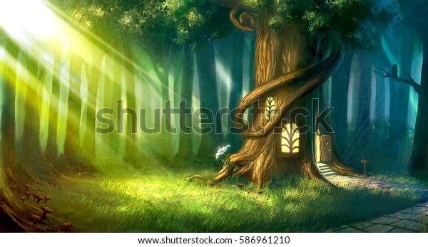 森の中の夜の木の家の幻想的な幻想的な風景 のイラスト素材 586961210