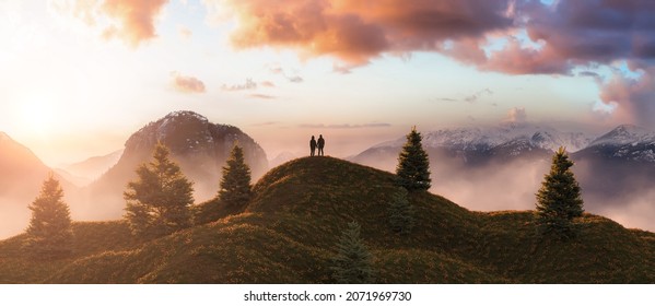 Magical fantasy scene with man and woman couple on top of rock and rocky mountain landscape in background. 3d Rendering. Dramatic Sunset Cloudy Sky. Adventure Concept