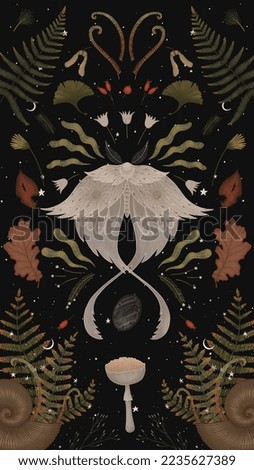 magical forest elements. images of a snake, night moth, fly agaric mushrooms, plant and space elements. Ideal for printing on fabric or clothing, wallpaper and wrapping paper