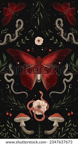 magical forest elements. images of a snake, night moth, fly agaric mushrooms, plant and space elements. Ideal for printing on fabric or clothing, wallpaper and wrapping paper