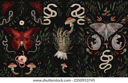 magical forest elements. images of a snake, night moth, fly agaric mushrooms, plant and space elements. Ideal for printing on fabric or clothing, wallpaper and wrapping paper