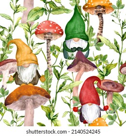 Magical forest gnomes  grass  mushrooms  Natural seamless pattern  Watercolor botanical background