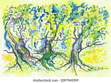 Magical forest with living trees. Druids. Animated silhouettes of old oaks faces. Illustration of magical mystical forest in yellow-green-blue colors. Dancing trees  Fairy tale. Crowns leaves foliage 