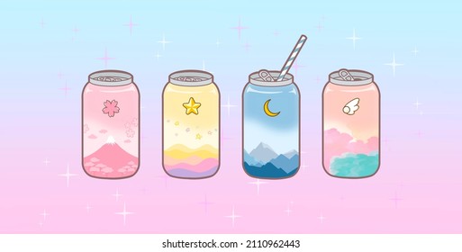 Magical Kawaii Four Flavored Sparkling Soda Drink In Twilight Pastel Color Background, Graphic Design For Cute Desk Mat