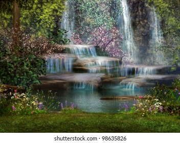 a magical landscape with waterfalls, flowers and trees