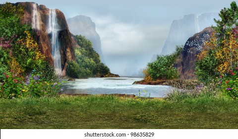 A Magical Landscape With Waterfalls, Flowers And Trees