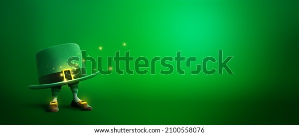 Magical\
leprechaun hiding in its hat. Saint Patrick\'s Day concept 3d\
illustration background with copy\
space.