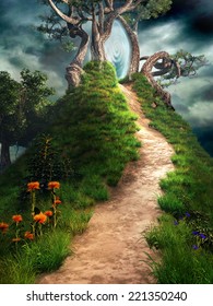 Magical portal on the hill with fantasy trees and flowers