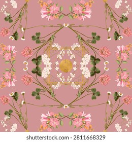 A magical seamless botanical pattern on a dusty rose pink background. The symmetrical layout forms a beautiful kaleidoscope around a soft golden sun or moon disc in the center, surrounded by delicate white daisies, pink clovers, and airy green grasses.