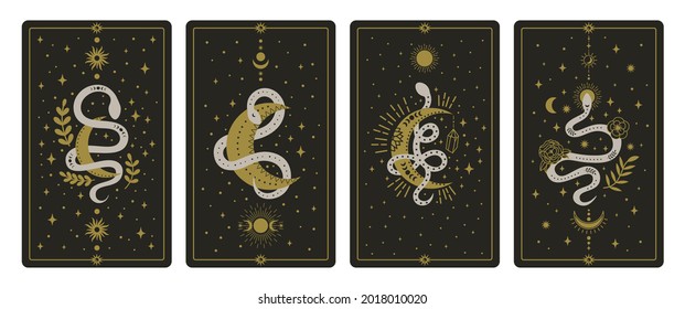 Magical snakes tarot cards. Occult hand drawn tarot cards, esoteric spiritual snakes wisdom symbol cards  illustration set. Magic snake tarot cards. magic occult esoteric astrology