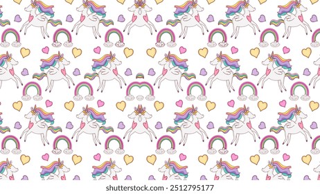 Magical unicorn background illustration featuring whimsical elements like rainbows, stars, clouds, and pastel colors. Ideal for children's birthday party designs, invitations, greeting cards, nursery  - Powered by Shutterstock